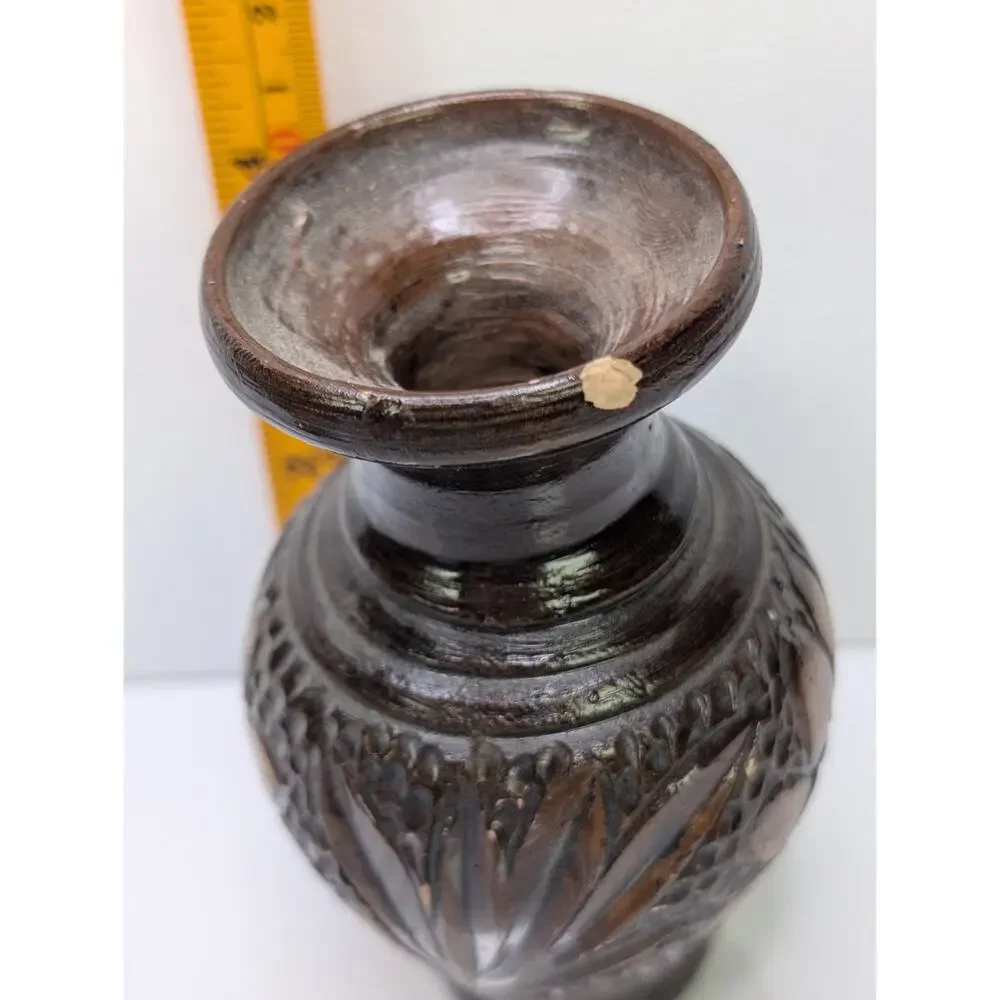Signed Studio Pottery Vase Brown Glazed Carved Floral Handmade 4.5